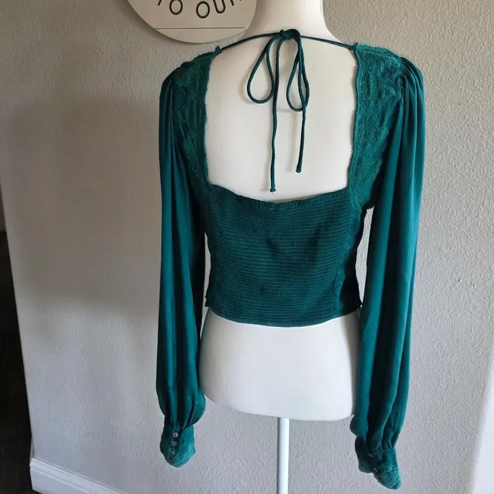 #498 Free People Teal Knit Top with Lace Detail